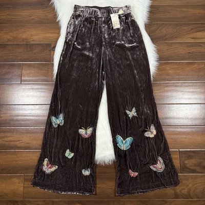 Pantalones Johnny Was Talla Pequeña Marrón Mariposa Terciopelo Luciana Costura Pierna Ancha Foto 1 de 4