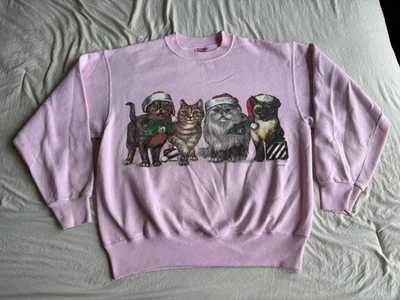 Sudadera Navidad Gato Perro Años 80 Vintage Hanes EE. UU. Rosa Talla L Foto 1 de 4