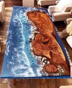 Ocean Epoxy Coastal Resin Table for Dining Room Handmade Acacia Wood Furniture - Picture 1 of 11
