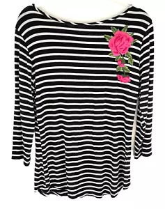 Olivia Blu Striped Shirt With Embroidered Flower Women's L Floral Spring Top - Picture 1 of 7