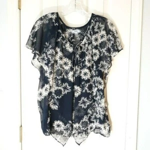 Izod Ladies Sheer Floral Top Size Small Petite Navy Cream - Picture 1 of 5