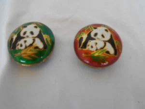 2 Panda Bears Trinket Boxes With Bamboo Enamel Metal Small 1 3/4" Lidded - Picture 1 of 4