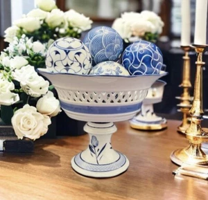 Vintage Blue White Footed Reticulated Compote Bowl Large (balls sold separately) - Picture 1 of 9