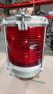 VINTAGE MARINE MARKER LIGHT RED GLASS FRESNEL LENS , NAVIGATION LIGHT 115 VOLT - Picture 1 of 10