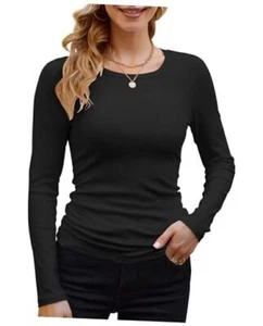 Womens Ribbed Long Sleeve Crewneck Casual Slim Basic Shirts Medium Black - Picture 1 of 7