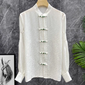Damen Satin Bluse Shirt Top Mandarinkragen Frosch Knopf locker lässig Ethno - Bild 1 von 12