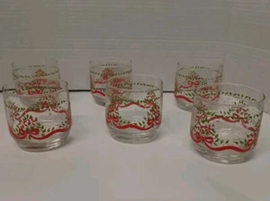 Christmas GlaOld Fashioned Whiskey Glasses Barware Ribbons Set Of 6 No Box - Picture 1 of 12