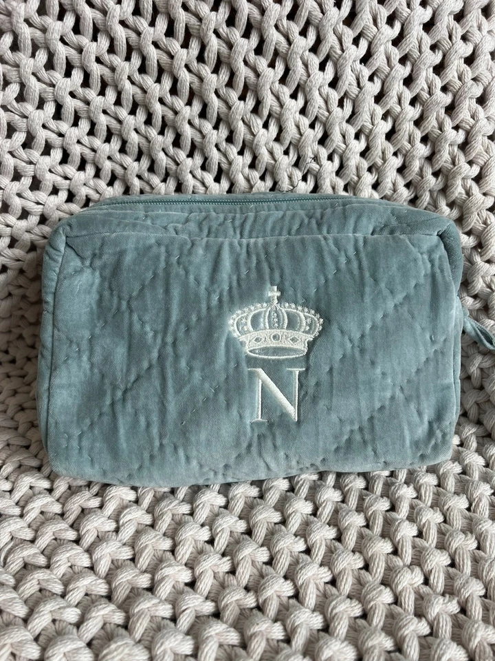 Pottery Barn косметический макияж сумка синий выстеганный бархат шелк с монограммой "N" - Изображение 1 из 1