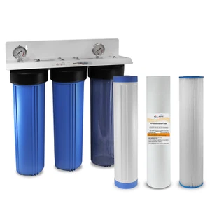 3 Stage 20" x 4.5" Big Blue Whole House Max Water Filter System 1" 2 Gauges - Picture 1 of 11