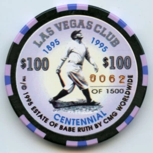 100 $ Las Vegas Club Babe Ruth Centennial LE Chip Downtown Las Vegas 1995 Obs - Bild 1 von 2