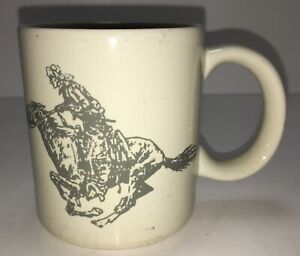 Vintage Western Coffee Mug, Cowboy on Running Horse, Grey and Off White
