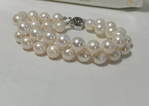 Genuine 925 Silver + 8-9mm circle freshwater pearl 2 rows bracelet white - Imagen 1 de 5