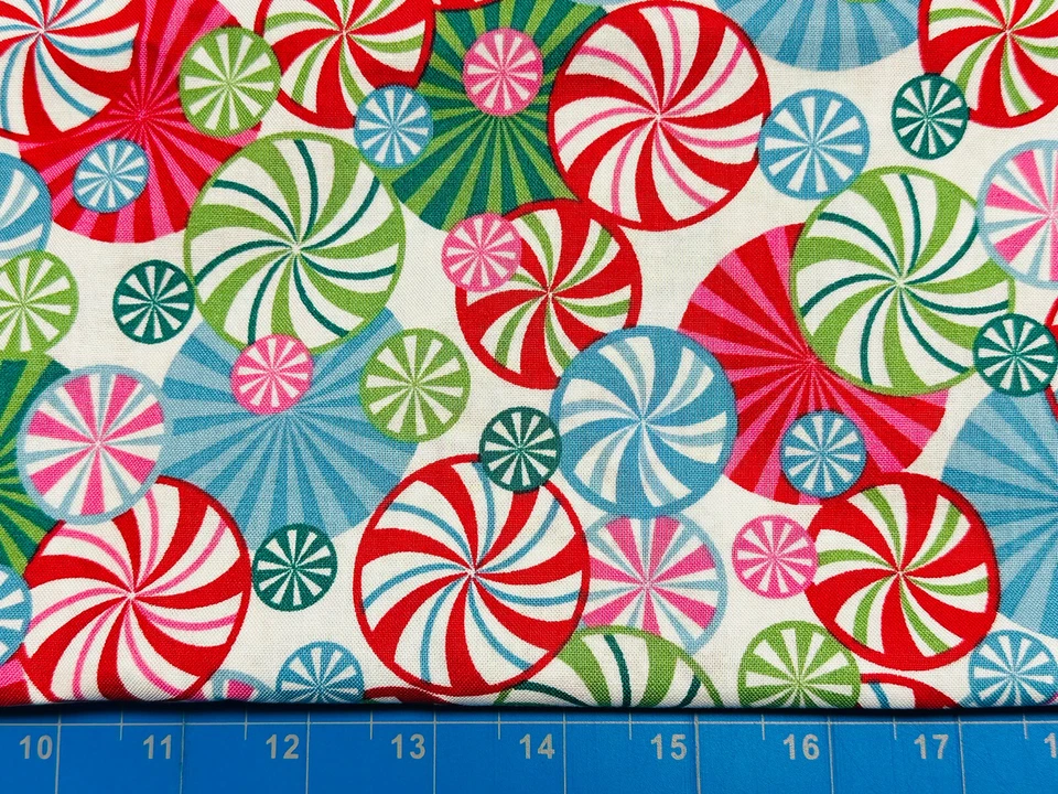 Tina Scrap 9"x21" Candy cane Peppermint Christmas Mint Circle Red FABRIC COTTON - Image 1 of 1