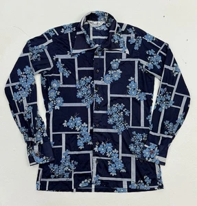 Camisa de Colección Prince Igor Años 70 Disco Para Hombres M Azul Floral Acetato Nylon Cuello Daga - Imagen 1 de 5