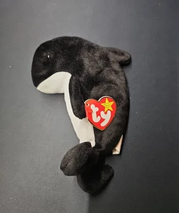 Ty Beanie Baby Waves 1996 seltene PVC-Pellets im Ruhestand mit Etikett schwarz & weiß - Bild 1 von 16