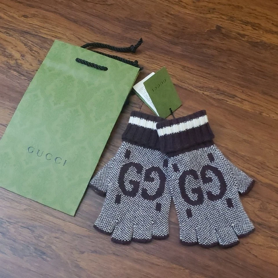Guantes Gucci punto púrpura y crema 100 % cachemir sin dedos talla grande Foto 1 de 4