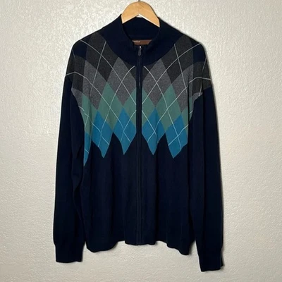 Perry Ellis Full Zip‑Up Long Sleeve Cardigan Sweater XXL Navy Argyle 100% Cotton - Image 1 of 4