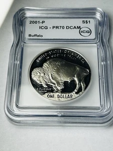 2001 P $1 PROOF SILVER BUFFALO COMMEMORATIVE DOLLAR ICG PR70 DCAM - Picture 1 of 6