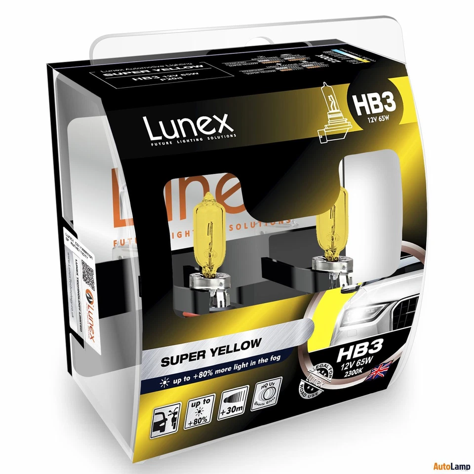 Lunex HB3 SUPER YELLOW 9005 12V Halogen Headlight Foglight Bulbs P20d 2300K Set - Image 1 of 1