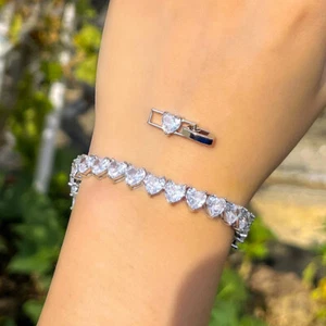 Splendido Bracciale Tennis Donna Bianco Cubic Zirconi Argento Placcato Cuore Pietra - Foto 1 di 12