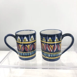 Vietri Art Italian Hand Painted Ceramic Mug Set of 2 Cobalt Blue Floral Glaze 4" - Picture 1 of 13