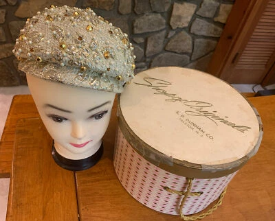 Evening Hat 1950s Silver And Gold Lame Gem Embroidered Silk Cap/Beret With Box - Image 1 of 4