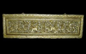 Antique Rare Large Tibetan Gilt Carved Wood Sutra Cover Panel With bodhisattvas - Picture 1 of 10