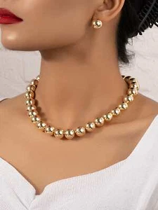 Minimalistic Gold-tonbe Beaded Necklace & Stud Earrings Jewelry Set Jewelry Gift - Picture 1 of 4