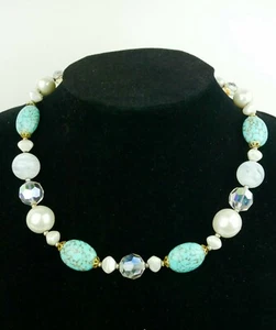 Glitzernde VINTAGE Peking Glas, AB & Kunstperlen Perlen Halsband Halskette blau Polarlicht - Bild 1 von 12