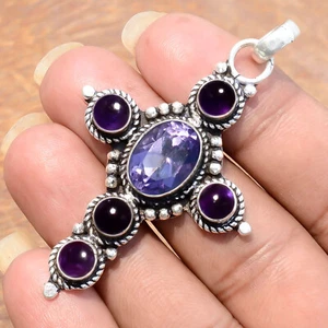 Amethyst Cut & Amethyst Gemstone 925 Sterling Silver Creative Look Cross Pendant - Picture 1 of 8
