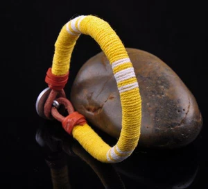 S471 Surfer Cotton Wrap Leather Men's Leather Wristband Bracelet Cuff Yellow B - Picture 1 of 8