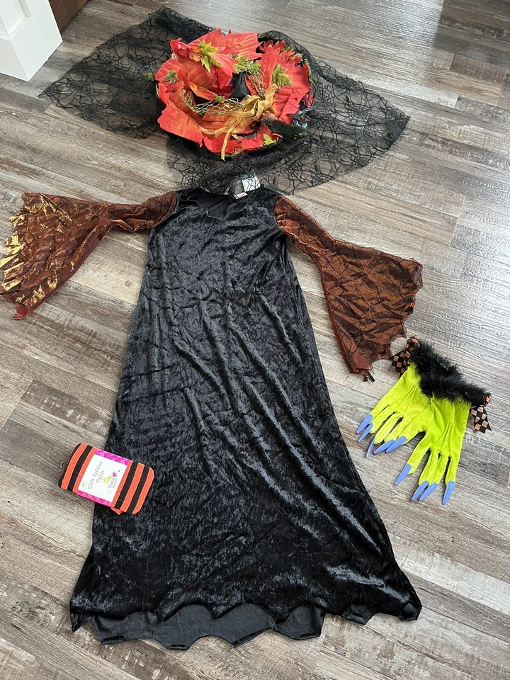Disguise Dept 56 Witches Hat Tights Gloves Dress Halloween Costume 7-8 K3 - Image 1 of 4