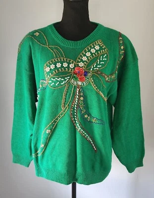 Suéter Vintage Western Connection Mujer Años 80 90 Verde Cuentas Deslumbrante Talla L Foto 1 de 4