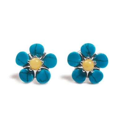 Forget Me Not Stud Flower Earrings 925 Sterling Silver Turquoise Amber Floral - Image 1 of 4