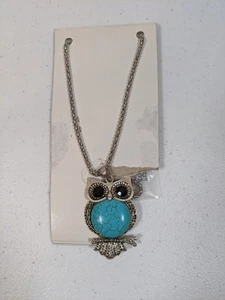 Peter Geeson Turquoise Like Black Rhinestone & Silver Tone Owl Necklace 2" Owl - Picture 1 of 10