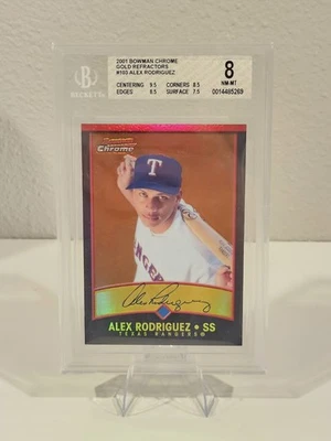 Bowman 2001 cromo refractor dorado/99 Alex Rodriguez #103 Texas Rangers BGS 8 Foto 1 de 2