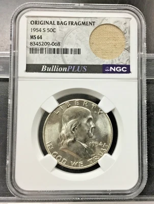 1954-S Franklin Half Dollar Original Bag Fragment in LABEL NGC MS64 w/ DIE CRACK - Image 1 of 4
