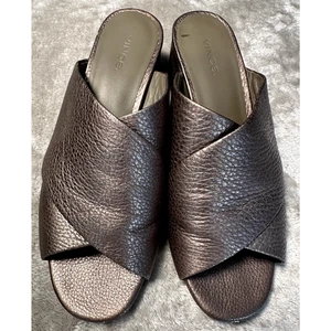 Vince Karsen Bronze Metallic Leather Sandals Mules Slides Block Heel Size 8.5 - Picture 1 of 7