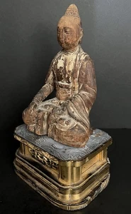 Rare Antique Buddha / Bodhisattva / Guanyin — Wooden Sculpture on Gilded Plinth - Picture 1 of 24