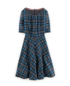 BODEN ISLA Tartan Swing Dress, Blue Grey Check Wool Moon Tweed Size 16 L - Picture 1 of 2