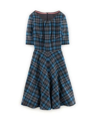 Vestido BODEN ISLA Tartán Columpio, Azul Gris Cuadros Lana Luna Tweed Talla 16 L Foto 1 de 2
