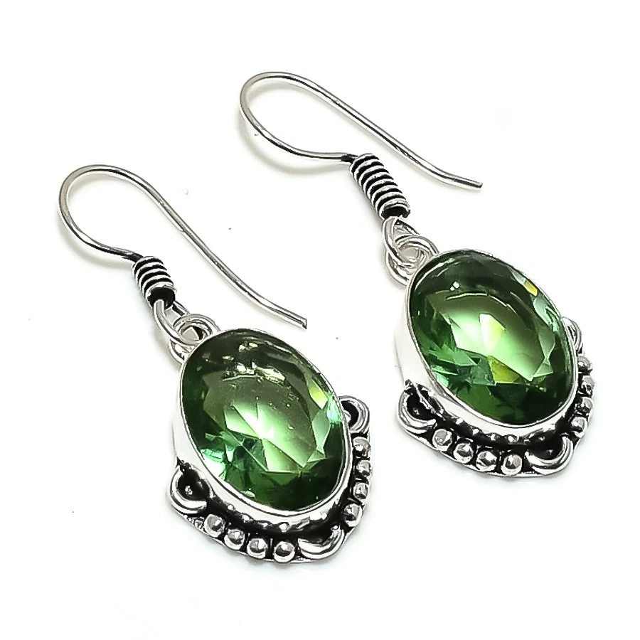 Green Amethyst Gemstone Handmade 925 Sterling Silver Jewelry Earring Size 1.5" - Image 1 of 1