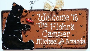 WELCOME Personalize BEAR CAMPER Name SIGN Camping Camp Cabin Campsite Plaque - Picture 1 of 1