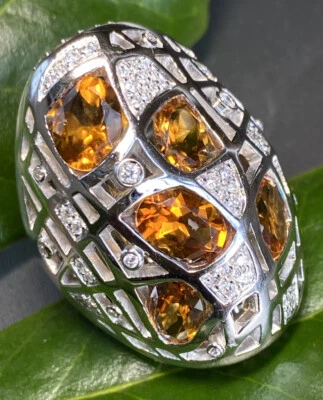 Ponte Vecchio 18K White Gold HUGE Citrine Diamond Massive Cocktail Ring 7-7.5 - Image 1 of 4