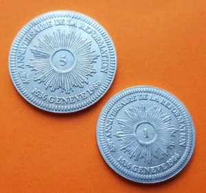 2 Token SWITXERLAND 1 PISTOLE + 5 PISTOLES UNC 1986 GENEVE 450 ANIV. REFORMATION - Bild 1 von 5