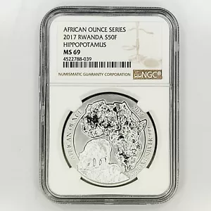 2017 RWANDA $50 F HIPPOPOTAMUS MS 69 NCG COIN SILVER BULLION 1 OZ AFRICAN OUNCE - Picture 1 of 2
