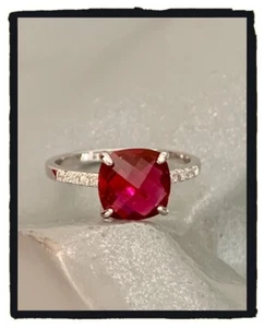 Mrvelous Cushion Simulated Red Ruby Solitaire Band Ring In 14k White Gold Plated - Picture 1 of 7