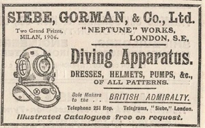 1906 Siebe Gorman & Co, aparato de buceo, Neptune Works Londres, anuncio original - Imagen 1 de 1