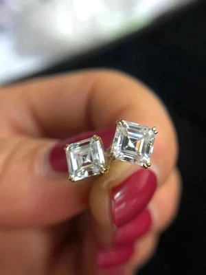2Ct Asscher Cut Lab Created Diamond Women's Stud Earrings 14K Yellow Gold Plated - Image 1 of 4