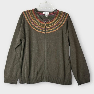 NUEVO CON ETIQUETAS Foxcroft Mujer Cremallera Cárdigan Suéter Talla XL Colorido Bordado Verde Boho Foto 1 de 4